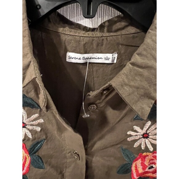 Serene Bohemian Shirt Womens Sz L Button Down Embroidered Floral Boho western - Picture 7 of 8
